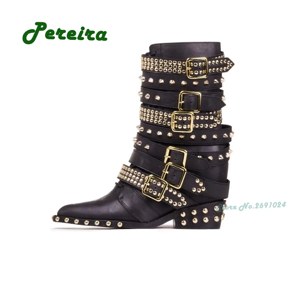 Gold Rivet Gladiator Ankle Boots Pointy Toe Block Heeled Buckle Women's Boots Winter 2023 New Side Zipper Solid Runway Shoes