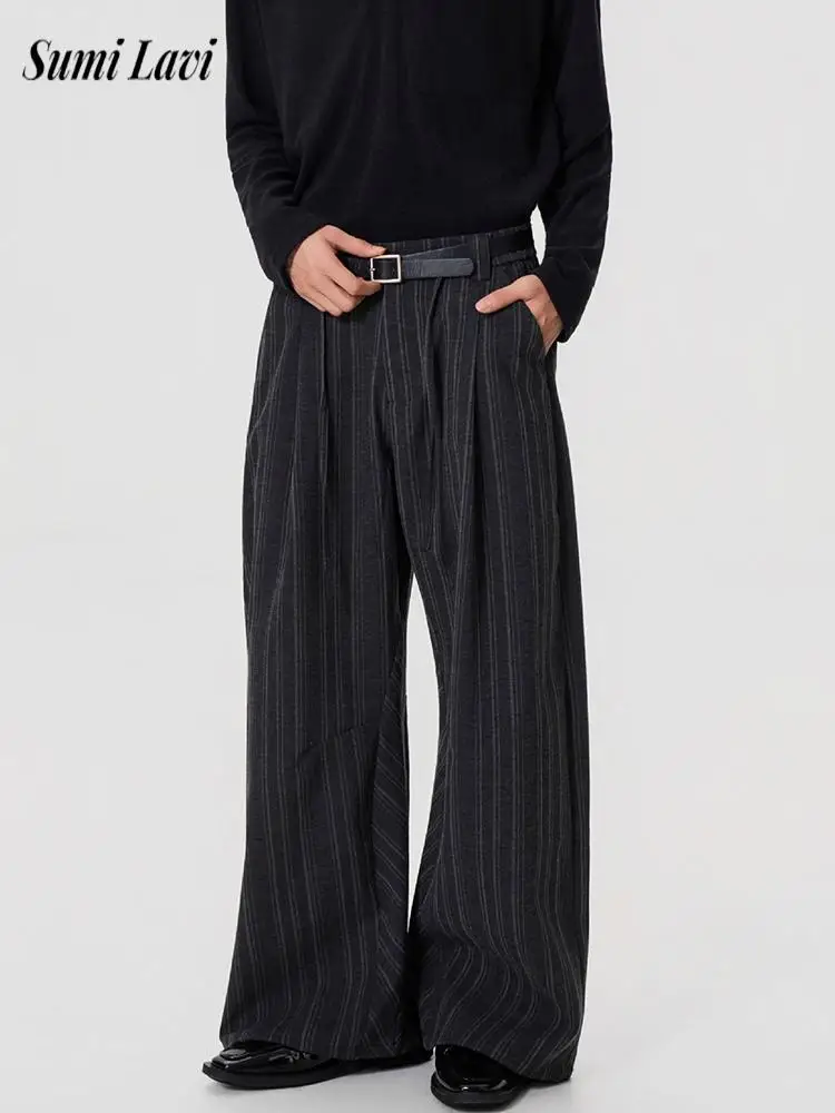 

Модные плиссированные дизайнерские брюки для мужчин 2026, весна-осень, новые повседневные свободные прямые брюки, винтажные мужские полосатые брюки с принтом