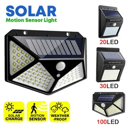 Luz Solar LED con Sensor de movimiento para exteriores, lámpara impermeable de seguridad para pared de calle y jardín, 3 modos, 20/30/100 LED