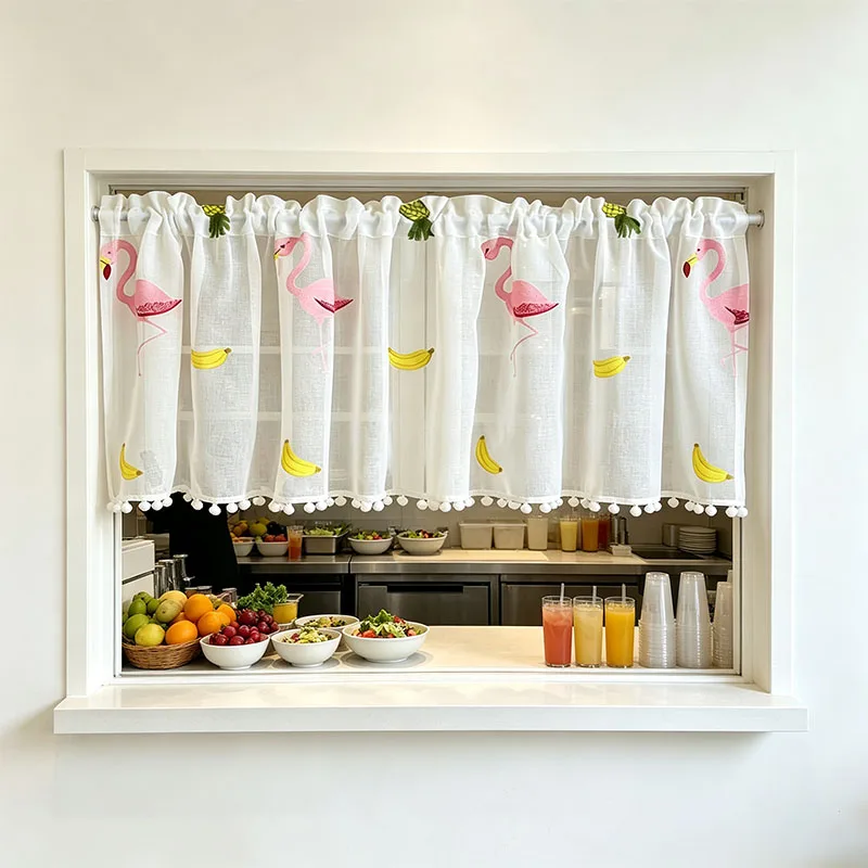 1pc Beach House Sheer Window Valance, Hawaiian Tropical Print Short Half Curtain with Pink Flamingo Banana Pineapple Pattern