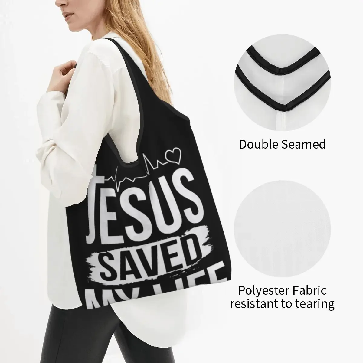 Custom Saved My Life Groceries Tote Shopping Bag Christ Religion Christian Faith Shoulder Shopper Bag Handbags