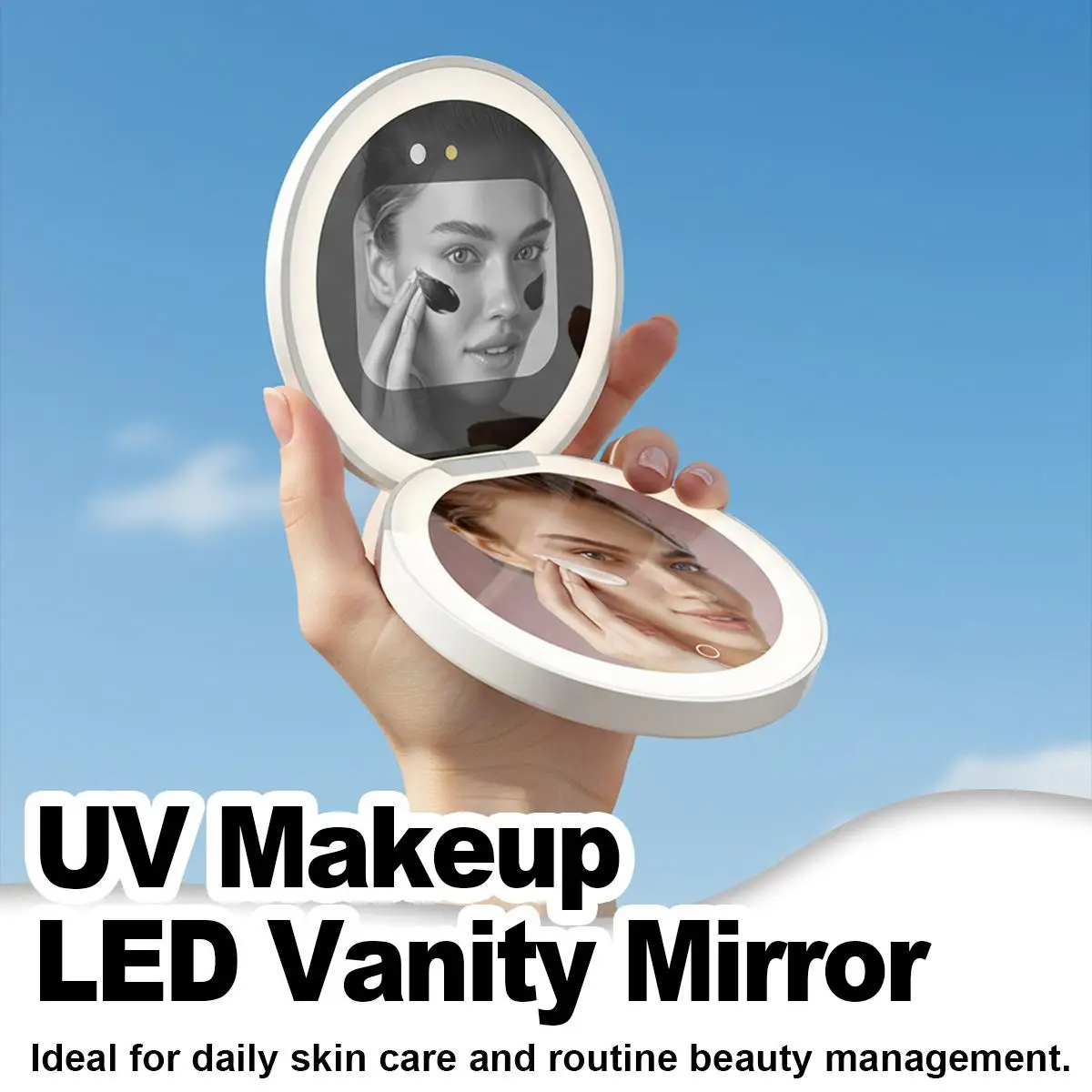 Protector solar espejo UV recargable compacto ampliación de mano plegable cosmético maquillaje de viaje vanidad bolsillo regalo sala de arte
