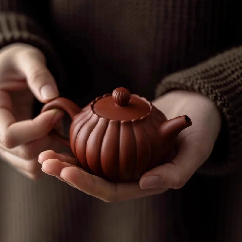 

Yixing Purple Clay Pumpkin Teapot, Handmade Tea Pot, Kung Fu Tea Set, Vermilion Clay Teapot, Tea Ceremony Zisha Collectible Gift