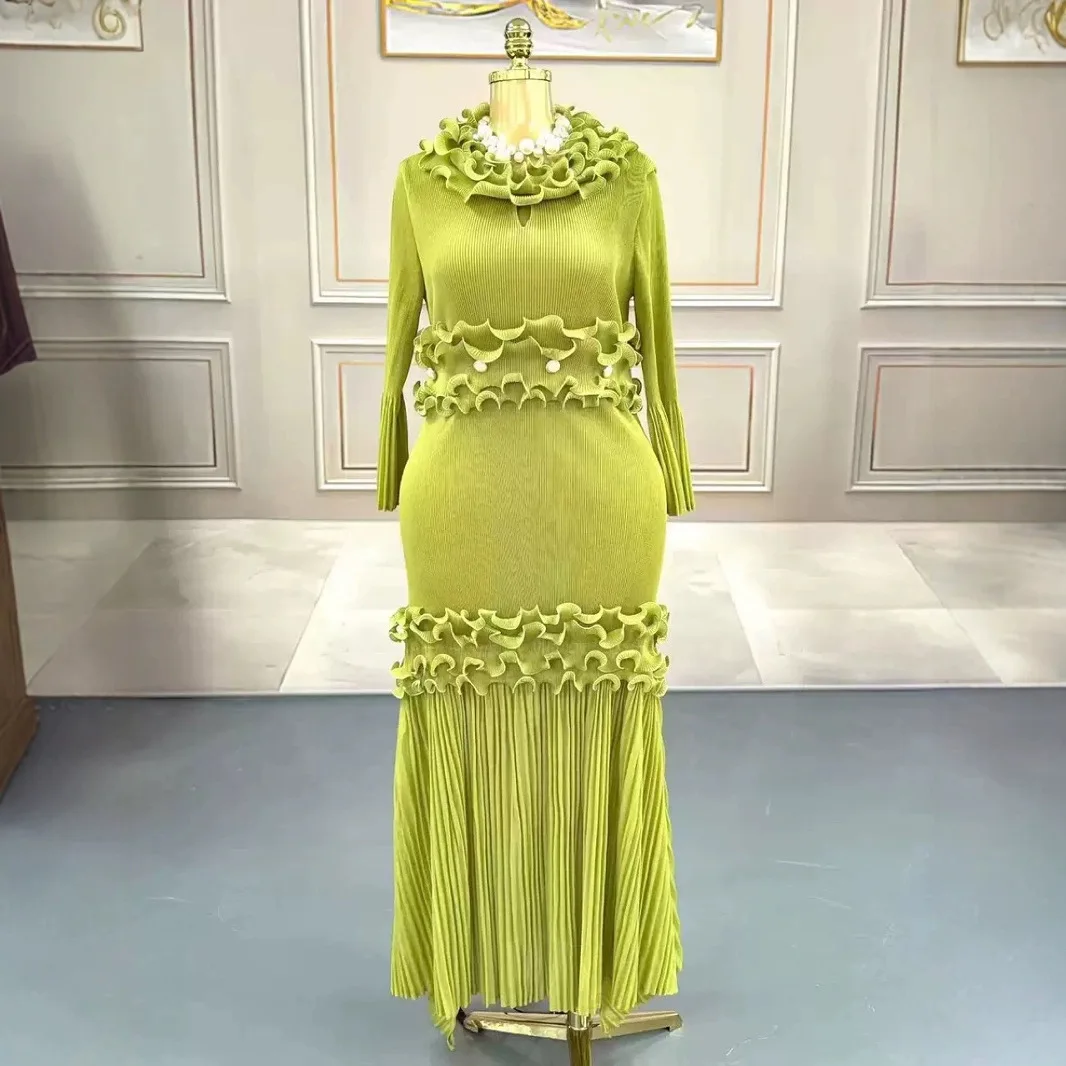 Miyake pleated solid color hand-cranked round-neck cake long skirt temperament large size versatile dress