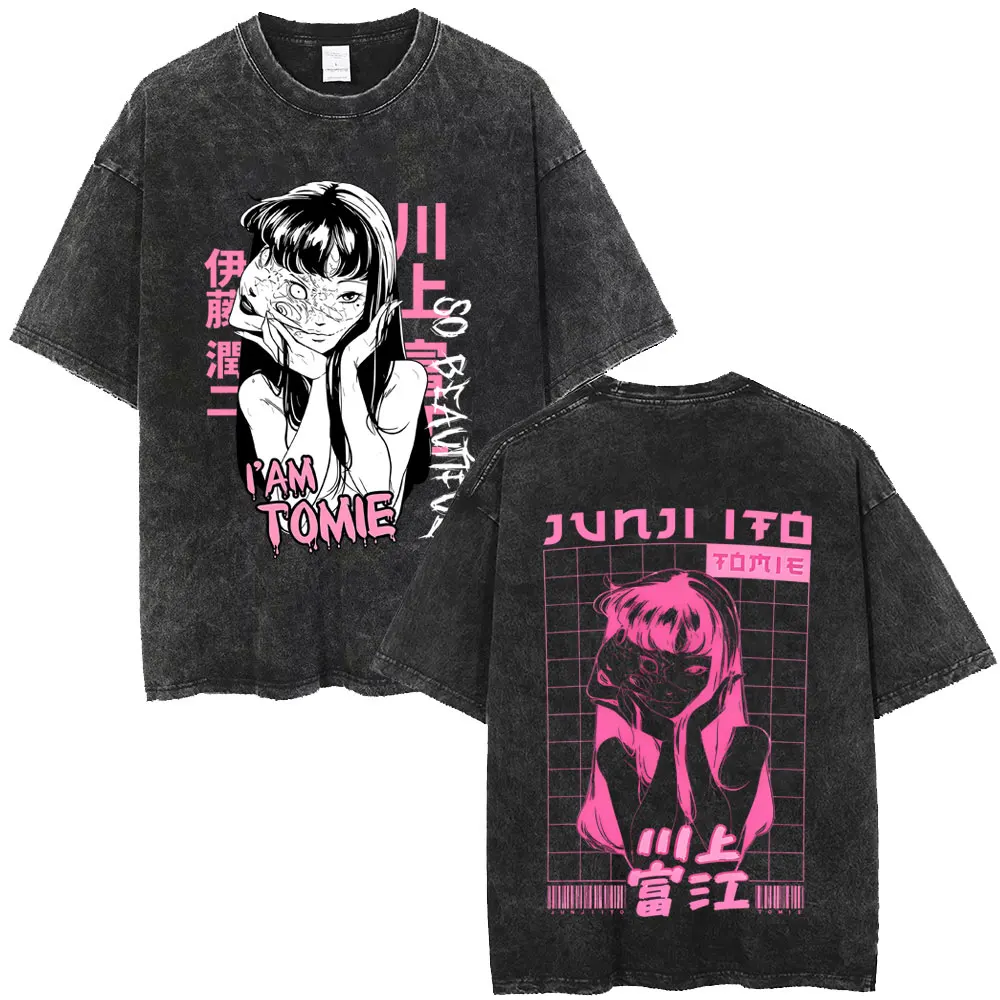 Anime Tomie Junji Ito Vintage Washed T-shirt Men Women Manga Horror Gothic T Shirt Male Fashion Retro Cotton T-shirts Streetwear