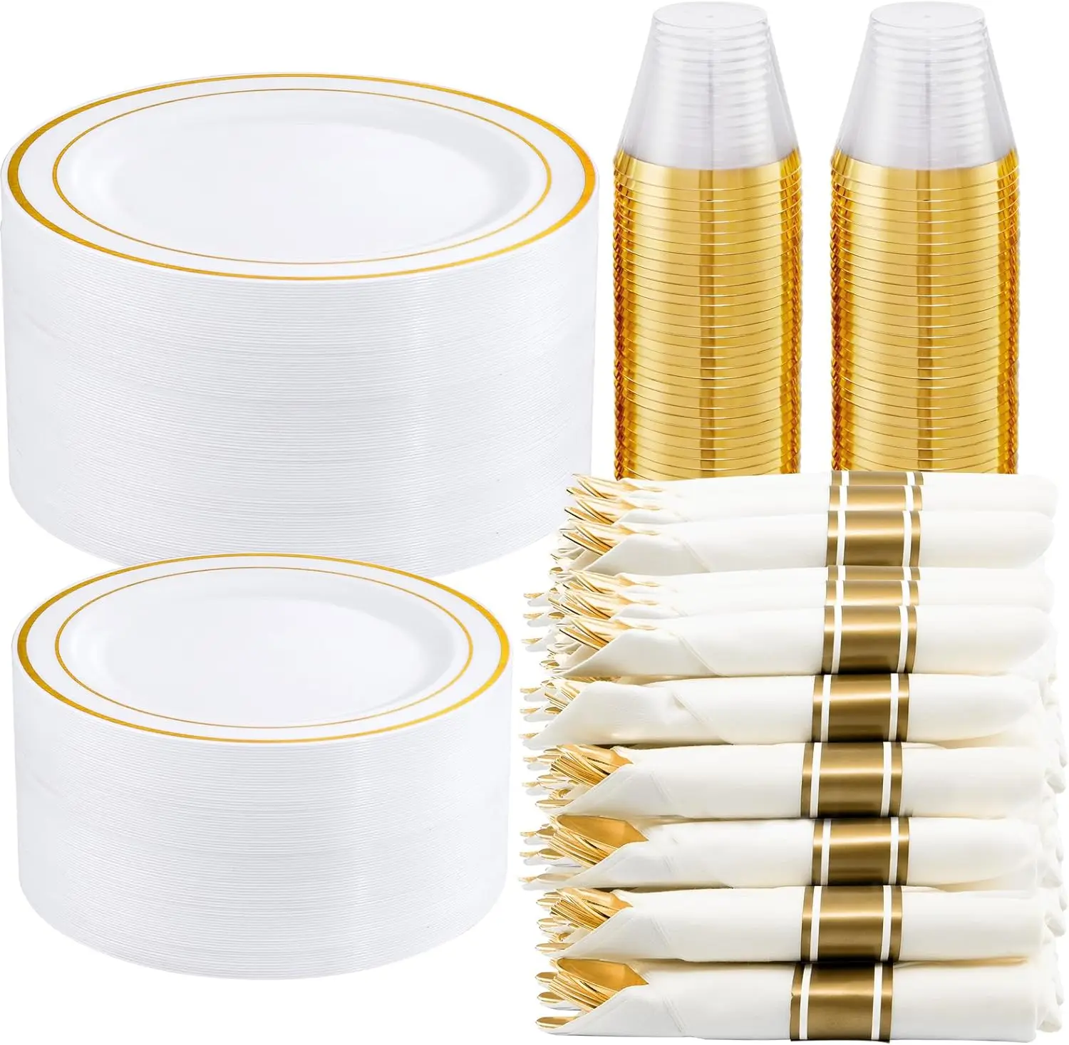 

350-Piece Gold Disposable Plates Cutlery Set - Premium 10.25" Dinner Plates, 7.5" Dessert Plates, 9oz Cups Cutlery for Weddings