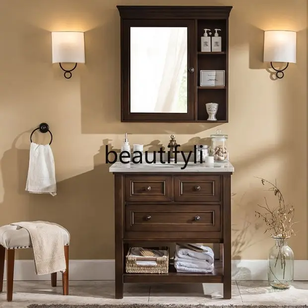 

American oak bathroom cabinet combination marble solid wood bathroom cabinet wash basin washstand face pool
