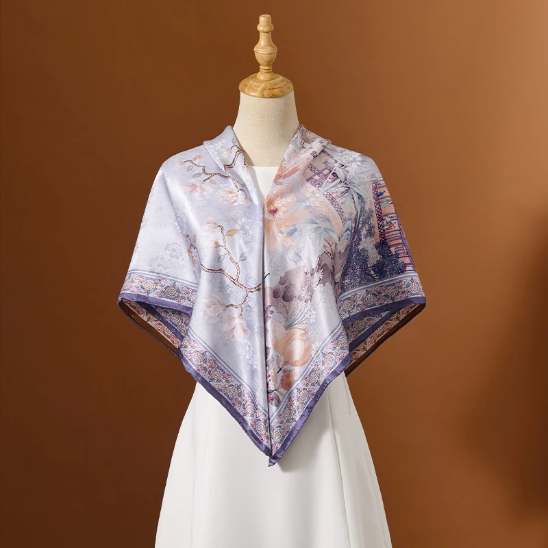 

100% Real Silk Square scarf Women Print Headscarf Large handkerchief 16mm Pure Natural Silk Bandana Double sided 110x110cm