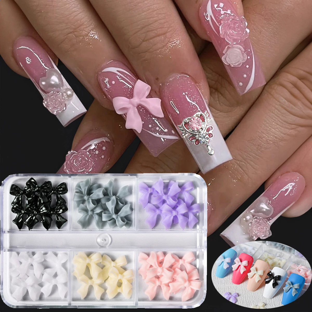 1Box 3D Resin Bowknot Nail Art Charms Kawaii Ribbon Bowknots Pink Design Nail Art Decoration Jewelry Korean Manicure Rhinestones