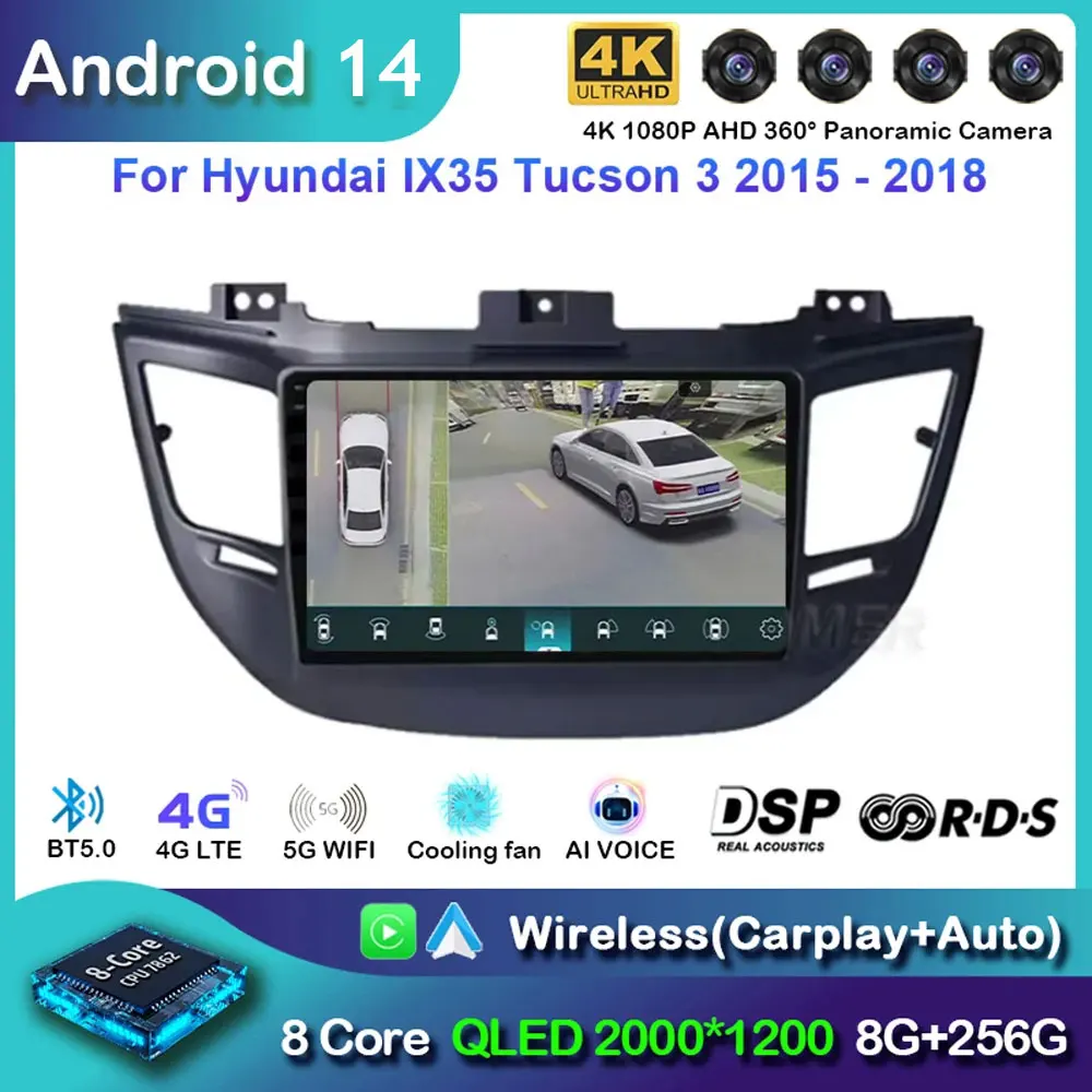 Android 14 Carplay Car Radio For Hyundai Tucson IX35 3 2015 2016 2017 2018 Navigation GPS Multimedia Player WiFi+4G Auto stereo