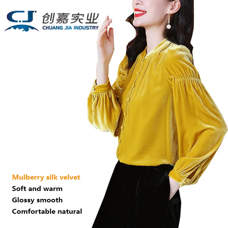 

Настоящий шелк, бархат, весна-осень, женская блузка с длинными рукавами и воротником-стойкой, темно-зеленая, винтажная, темпераментная, элегантная и щедрая