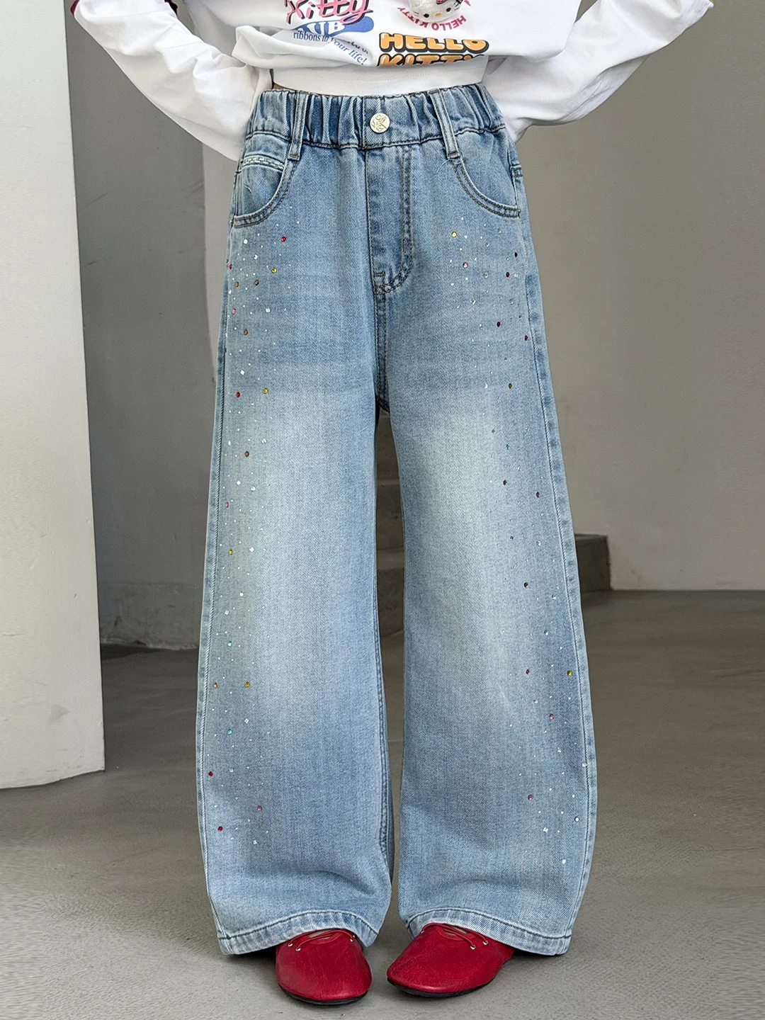 ガールズカラーダイヤモンドデニムパンツ春秋カジュアルワイドレッグパンツファッショナブルな子供レジャーロングパンツトレンディな弾性ウエスト