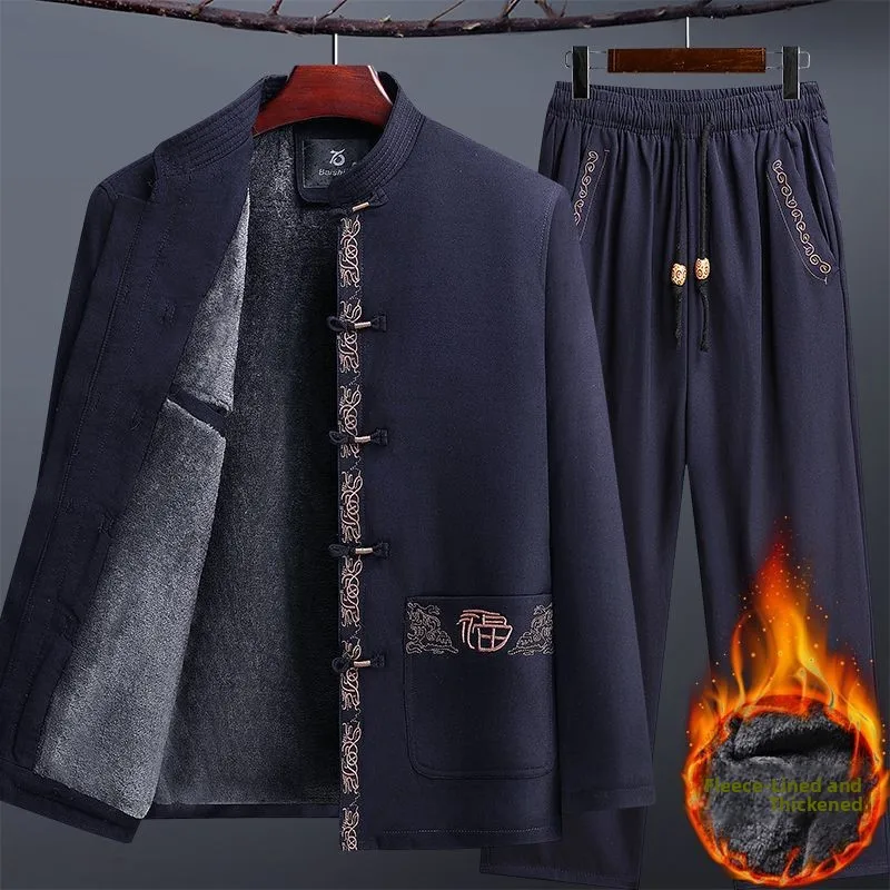

Утепленный хлопковый комплект Ханьфу с флисовой подкладкой для пап и мужчин старшего возраста, традиционная китайская одежда, верхняя одежда для пожилых людей