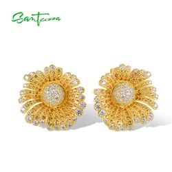 SANTUZZA Pure 925 Sterling Silver Earrings For Women Shiny Yellow Nano Crysta White CZ Luxury Sun Flower Earrings Fine Jewelry