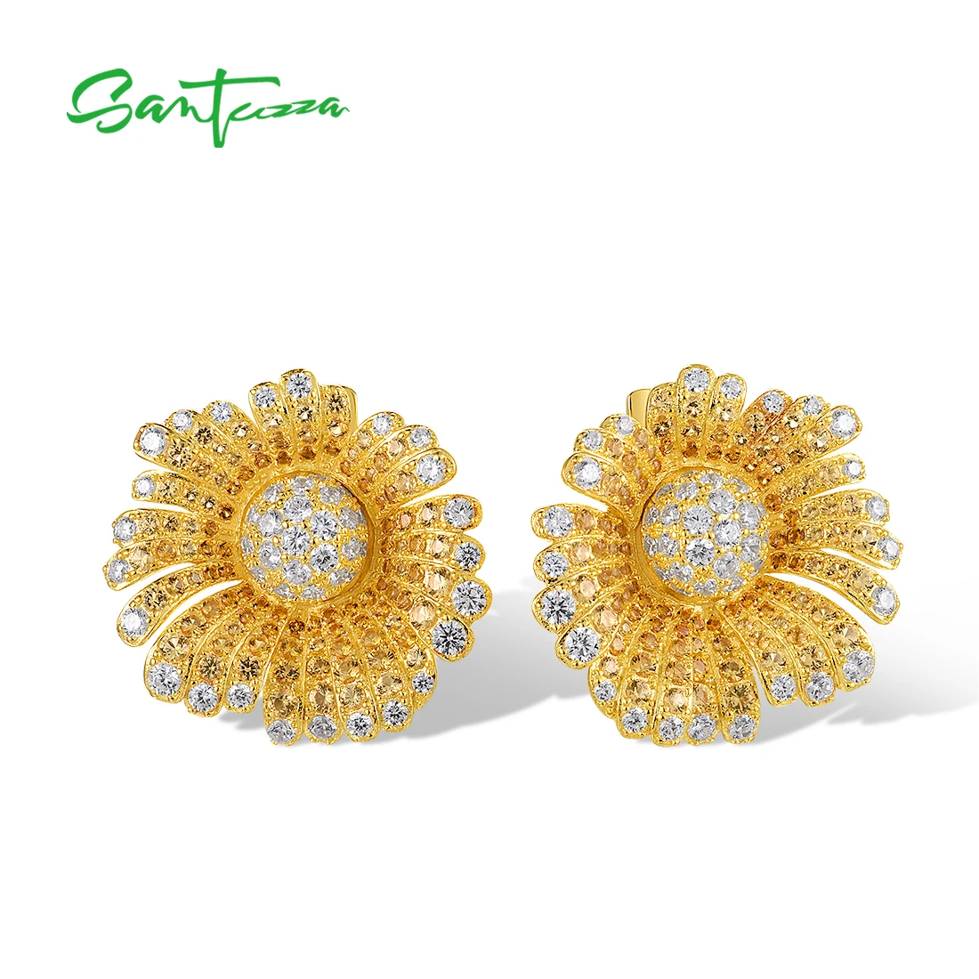 SANTUZZA Pure 925 Sterling Silver Earrings For Women Shiny Yellow Nano Crysta White CZ Luxury Sun Flower Earrings Fine Jewelry