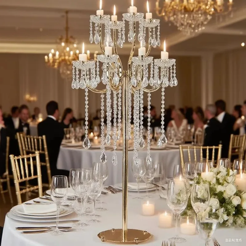 12heads Metal Candle Holders Candelabras With Acrylic Pendants Marriage Candlestick Wedding Centerpieces Home Party Decor