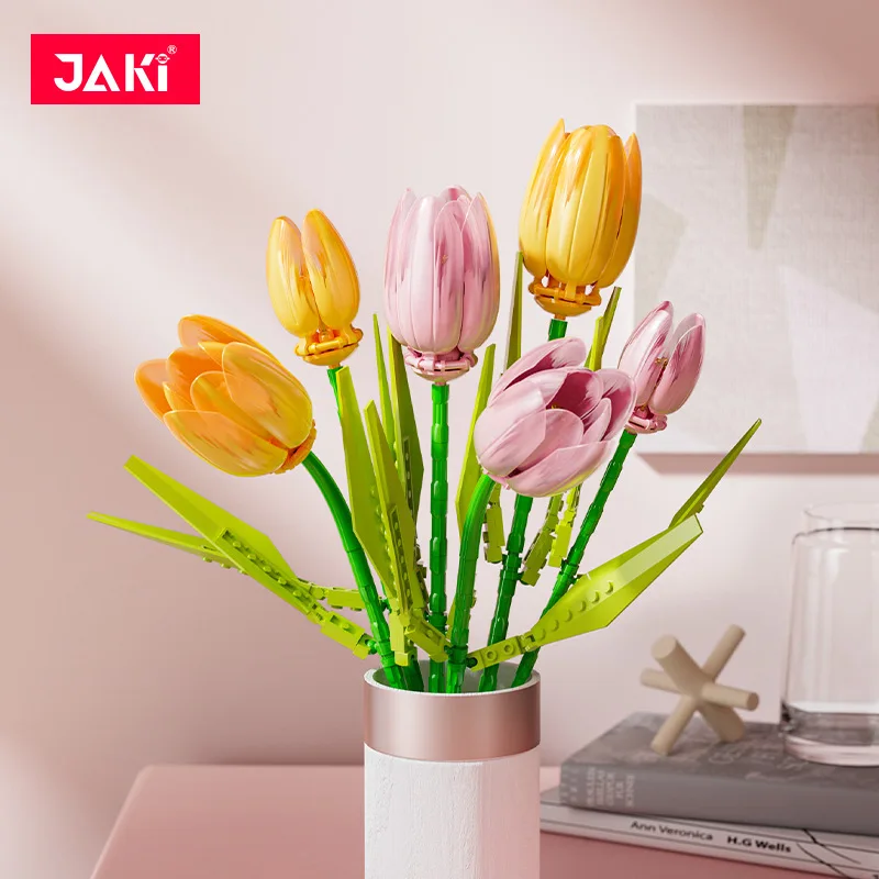

JAKI Plant series imitated eternal flower tulip DIY bouquet home decoration girl building blocks flower small particle toys gift