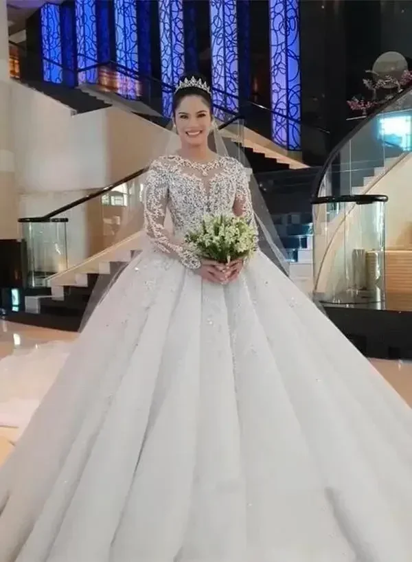 Personalizado novo vestido de baile muçulmano vestidos de casamento jóia pescoço rendas apliques contas lantejoulas mangas compridas catedral árabe formal br