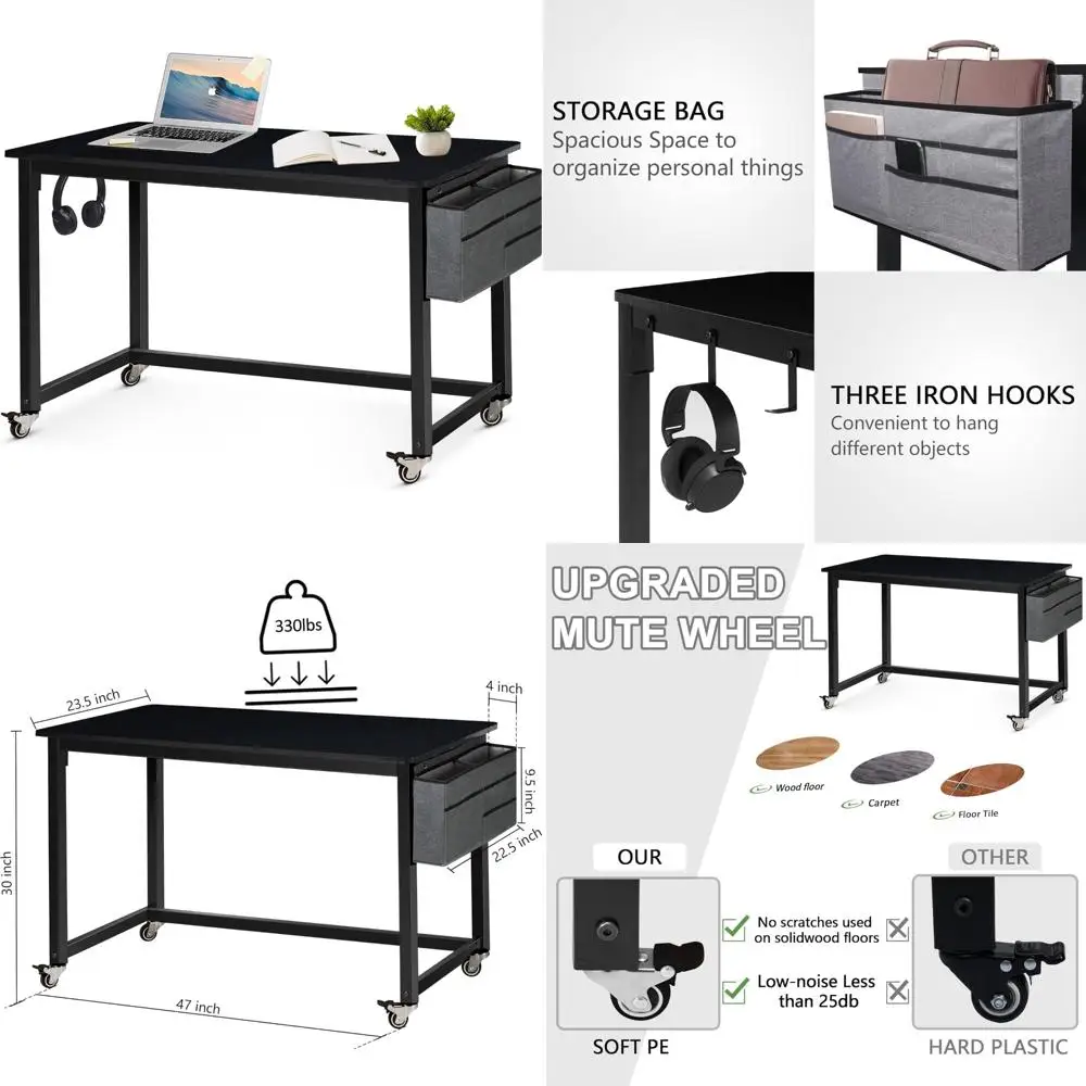 

Mobile Writing Desk with 4 Wheels for Home Office, Simple Style, Movable Workstation for Study and Work