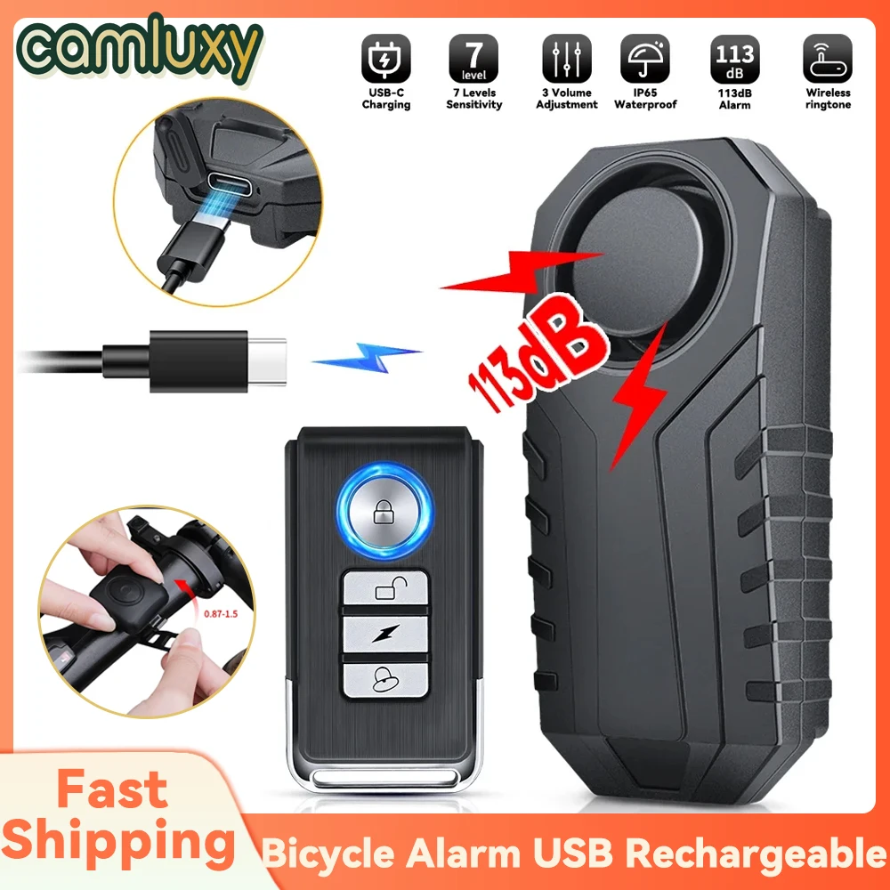 Camluxy Bicycle Vibration Alarm USB Rechargeable Motorcycle Electric Bike Alarm Remote Control Anti Lost Security Sensor