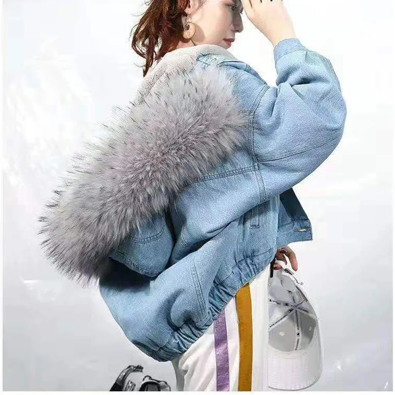 Gidyq Women Thick Warm Denim Jacket Korean Fashion Streetwear Fur Loose Coats Winter Female Casual Patchwork Hooded Outwear New