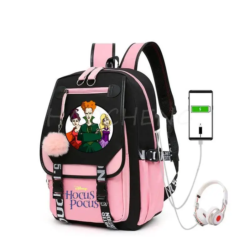 Disney Hocus Pocus 2 zaino da donna borse da scuola per studenti delle scuole superiori ricarica USB da donna grande capacità quotidiana Mochila