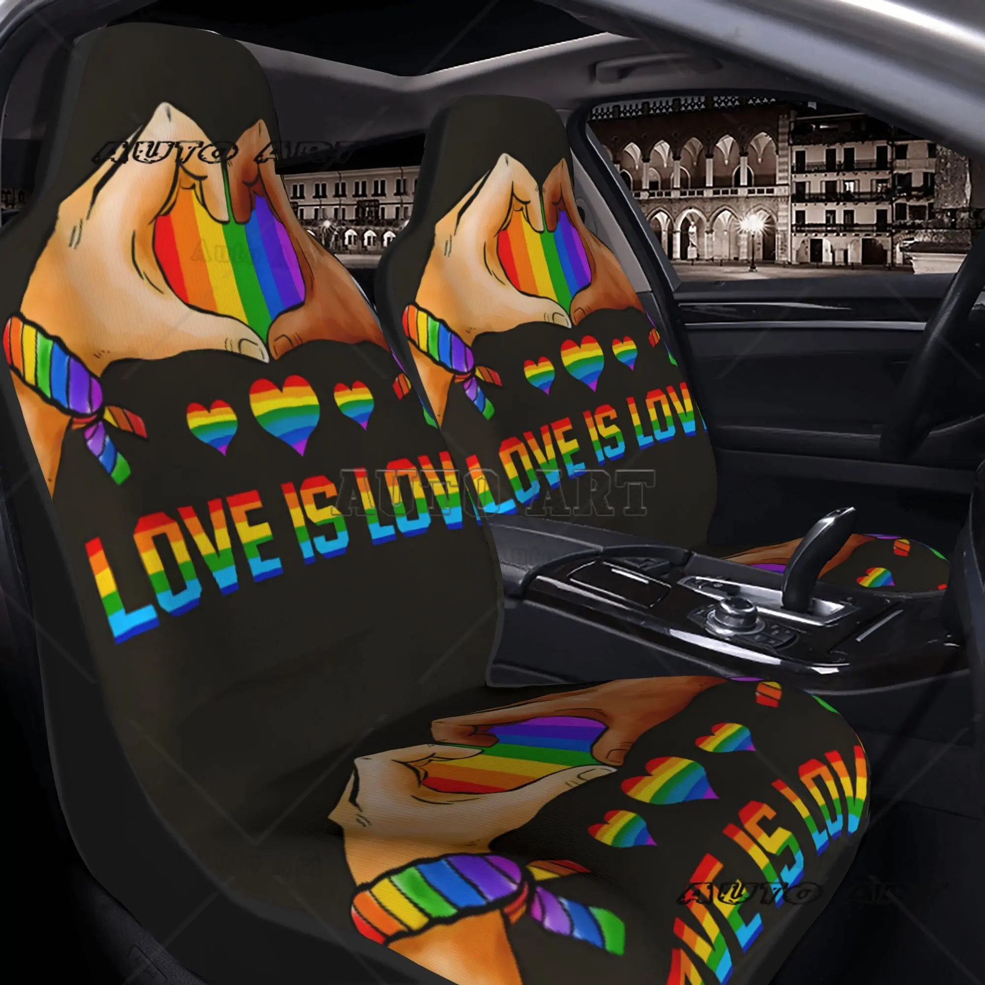 Pride Month Love Is Love with Rainbow Heart Hands Art Car Seat Cover Protection Set - 2 Pieces - Easy To Clean Set - Suitable