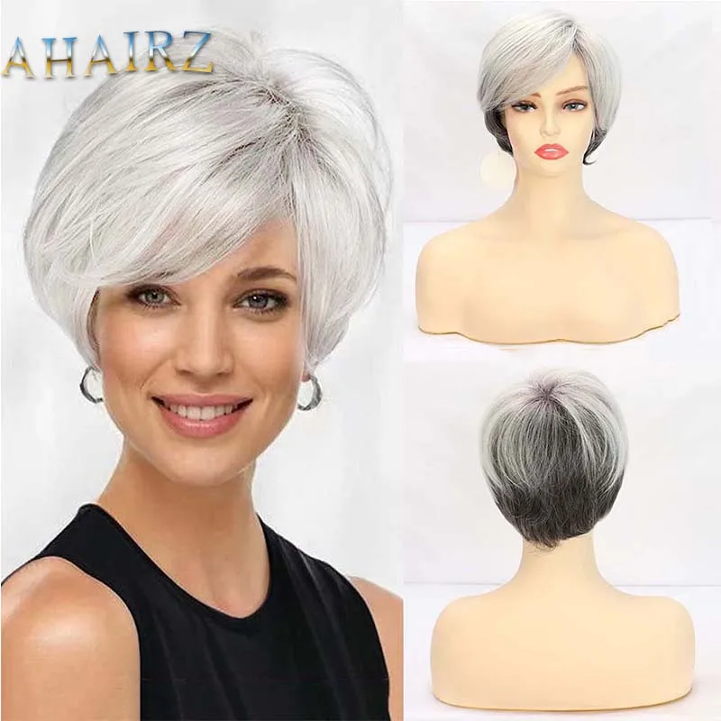 

Synthetic Short Straight Wigs with Bangs White Gradient Gray Wig for Women Soft Hair Daily Use Party Fake Hair