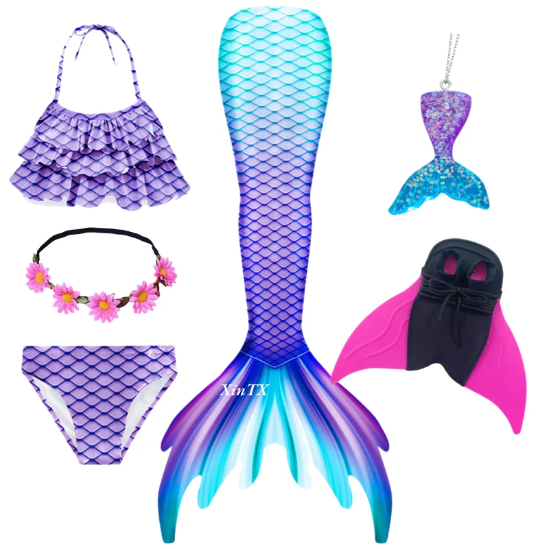 XinTX Mermaid Tails Girl Swimsuit Swimming Surprise Birthday Gift Princess Dress Hairpin 6PCS Set Cosplay