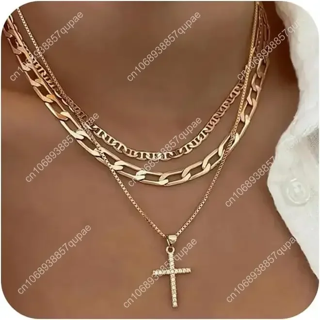 

Ожерелье с подвеской в виде креста с бриллиантами, женское ретро-индивидуальное многослойное ожерелье, изящное золотое ожерелье, модное популярное колье