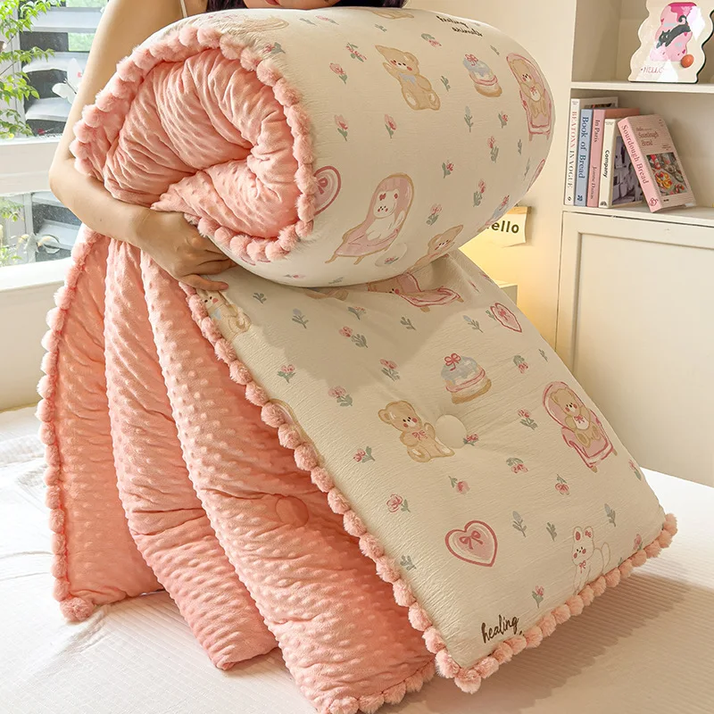 Winter Thick Warm Double Sided Pompom Edging Student Dormitory Single Bed Winter Quilt Thickening Thick and Warm Quilt