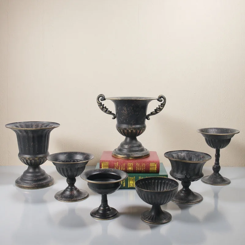 Vintage Black Gold Wrought Iron High - Heeled Flower Pot Decor Ornamental Vase Plant Pot Centerpiece Home Decor Retro Style