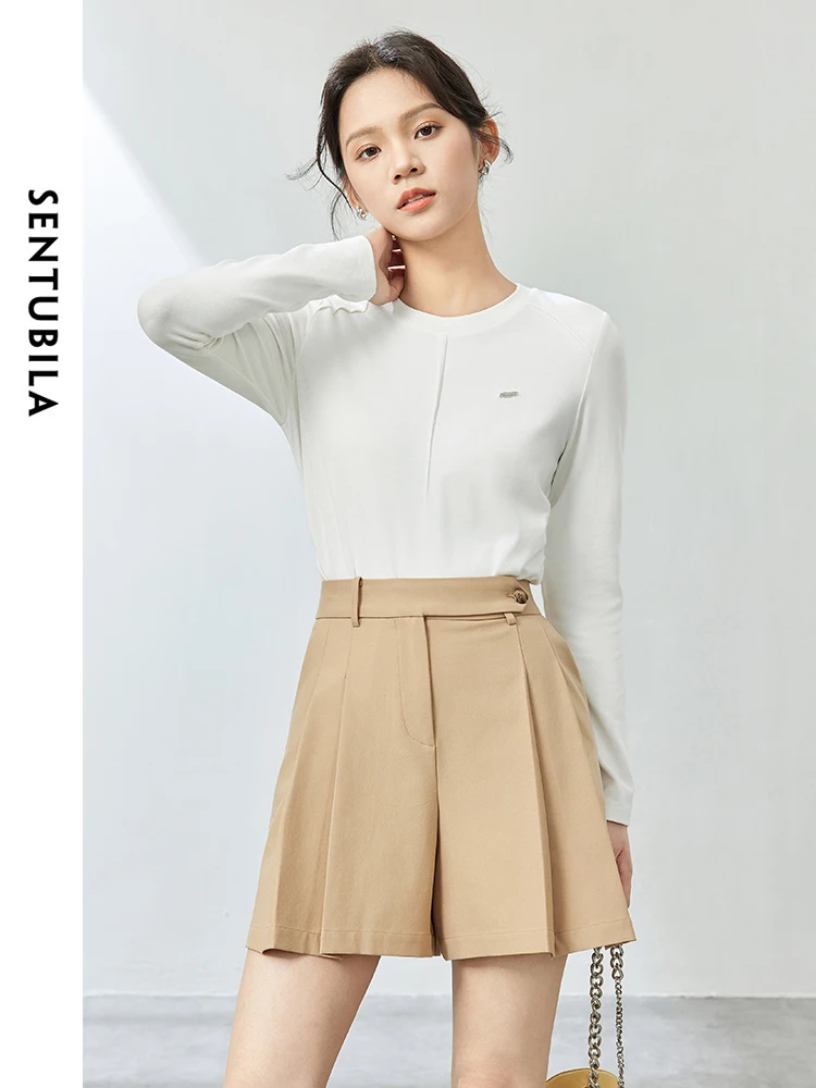 

SENTUBILA White Cropped T-shirt 2024 Spring Simple Round Neck Fashion Basic Tees Comfort Straight Long Sleeve Tops 141T53712