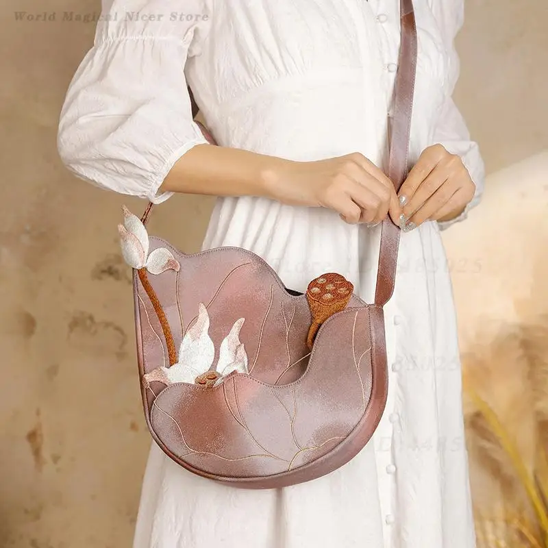 

Women Elegant Embroidery Dumpling Bag Lotus Floral Pattern Shoulder Bag Traditional Chinese Style Clutch for Banquet & Cheongsam