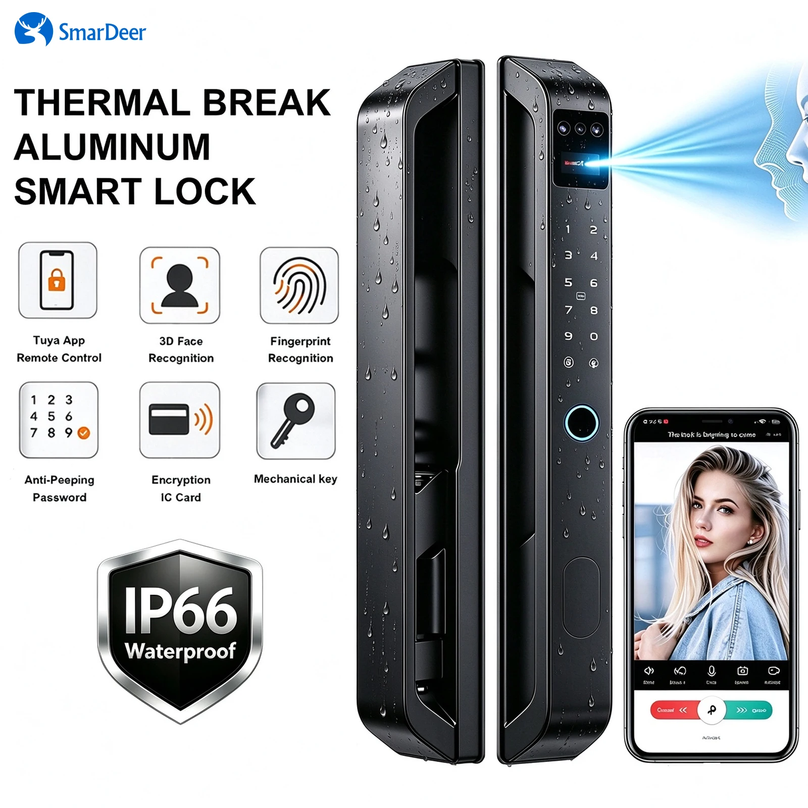 IP66 Outdoor Waterproof Smart Door Lock, 3D Face Recognition Lock, Narrow Frame Sliding Door Keyless Entry Fingerprint Lock
