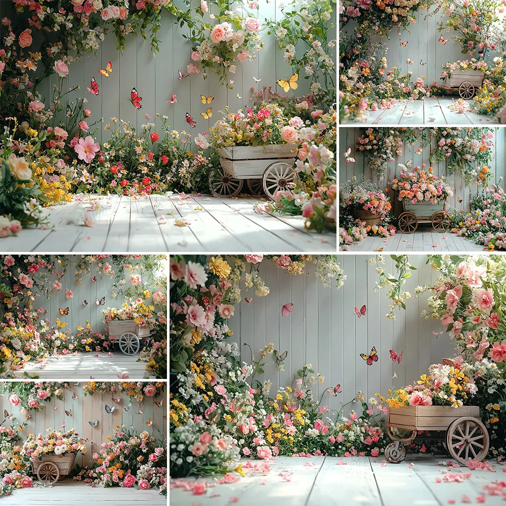 Spring Potography Background Colorful Floral Wooden Car Decoration Newborn Kids Birthday Party Cake Smash Backdrop Studio Prop