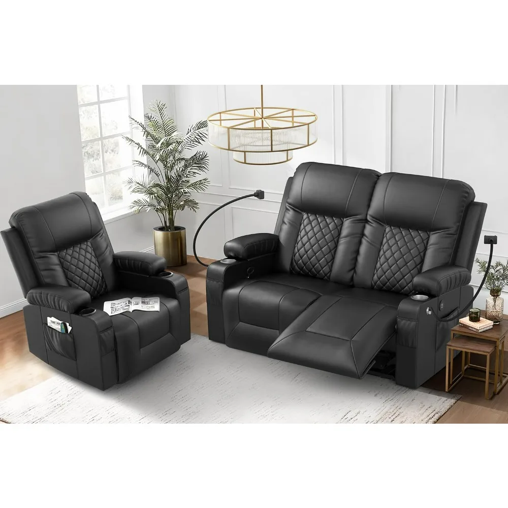 Loveseat Recliner Sofa Set with 2+1 Pieces in Living Room, 1 Recliner Chair with 360 Degree Swivel Single Sofa Seat