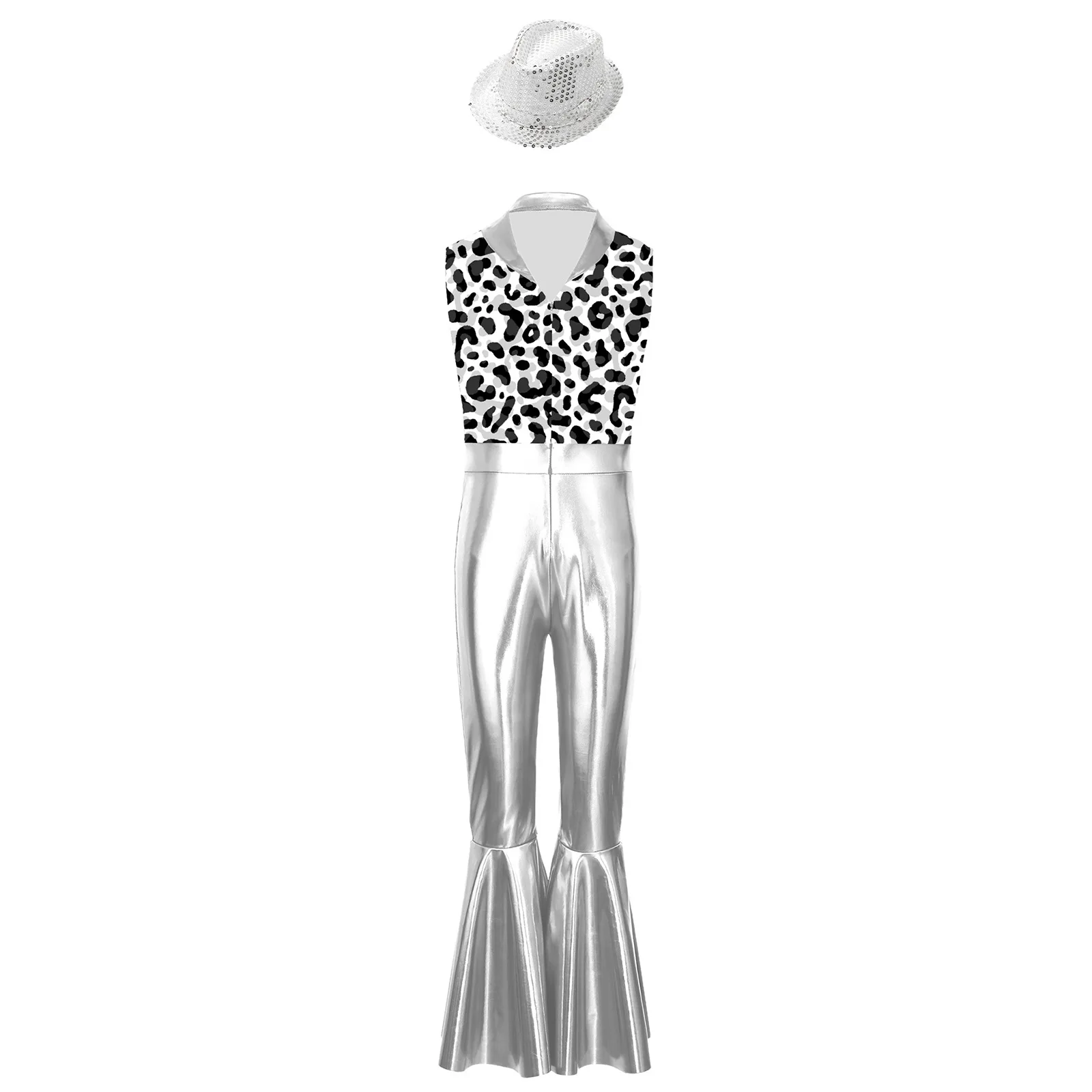 

Boys 2 Pieces Disco Outfit Metallic Glossy Sleeveless Long Flare Pants Jumpsuit And Bling Bling Fedora Hat for Halloween Party