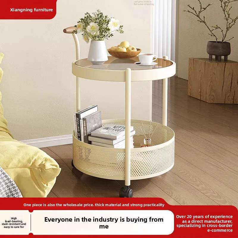 Movable Wheeled Glass Coffee Side Table Cart Painted Metal Frame Two Drawers Round Or Oval Tea-Colored Top Sofa Bedside Storage