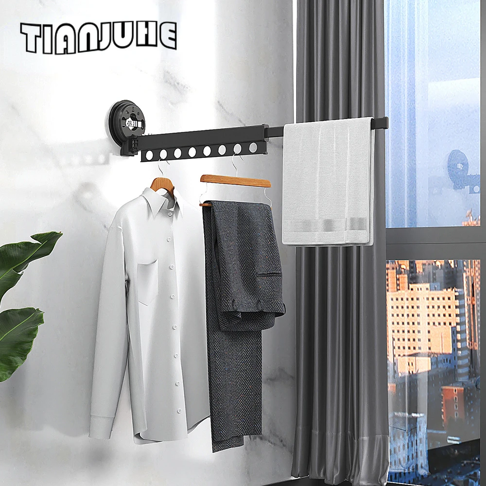 

Clothes Laundry Drying Rack Wall Mounted Retractable Garment Hanger with Hooks Strong Load-Bearing Clothes Dry Rack for Balcony