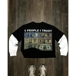Y2K Fashion Long sleeved T shirt New Hip Hop Dollar Printing Round Neck Oversized T shirt Men Women Casual Retro Tops Streetwear