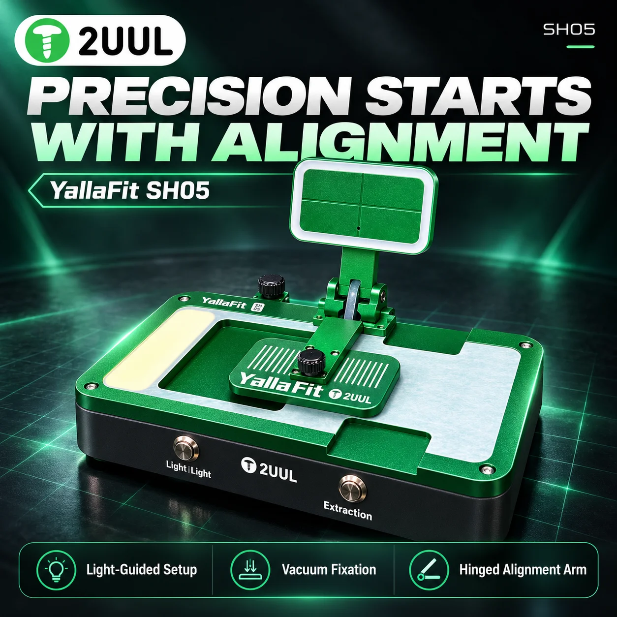 2UUL YallaFit SH05 Screen Lamination Alignment Fixture with Light Suction Hold and Hinged Arm for Phone Display Glass Repair