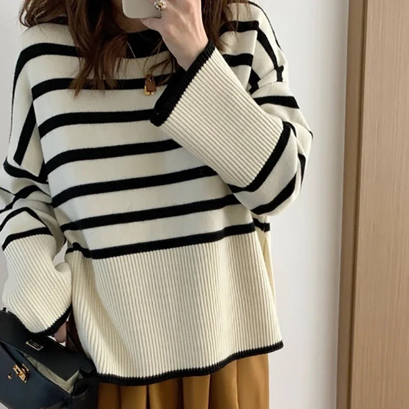 Women Striped Loose Warm Sweater O-Neck Long Sleeve Thicken Knitted Pullovers Casual Sweater For Women 2024 Autumn Winter