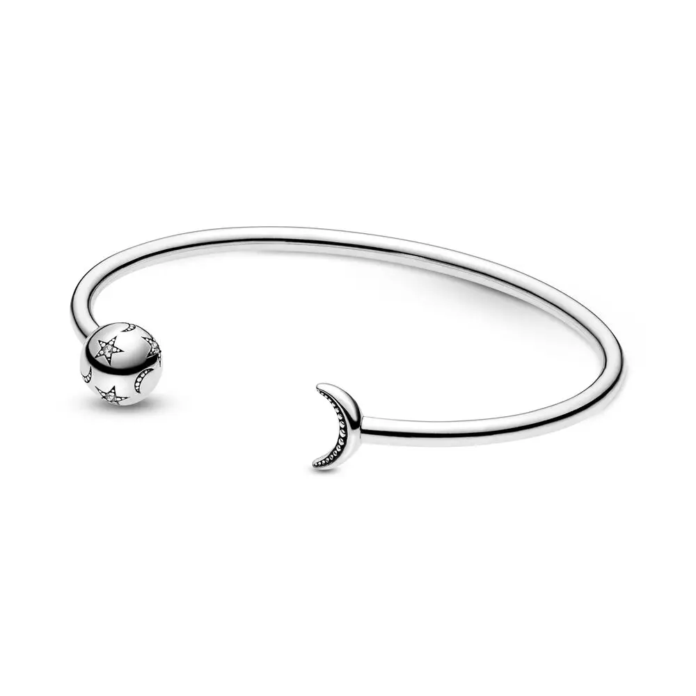 

Authentic 925 Sterling Silver Moments Moon & Stars Fashion Open Bangle Fit Women Bead Charm Gift DIY Jewelry