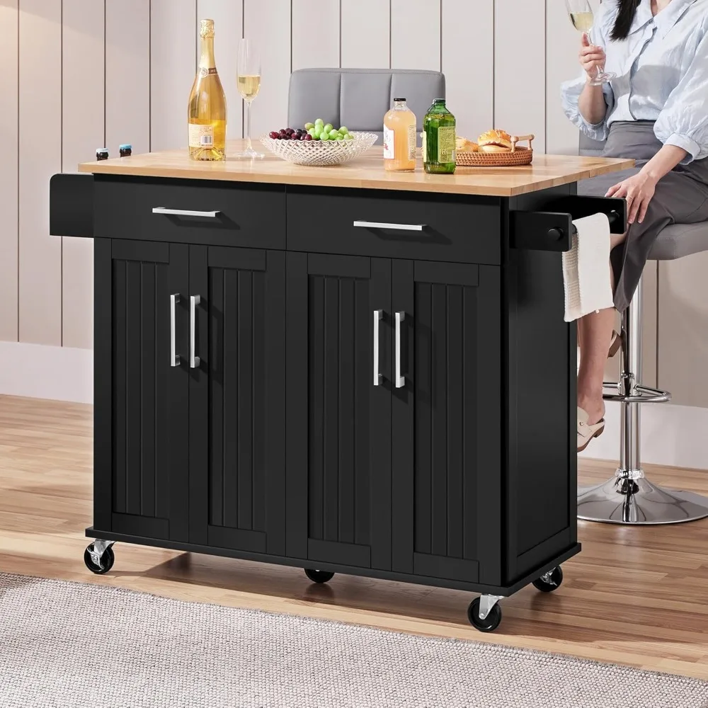 

Rolling Kitchen Island Cart with Drop Leaf, 49" Width Island on Wheels with Storage Cabinet and Drawers, Rubberwood Top, Detach