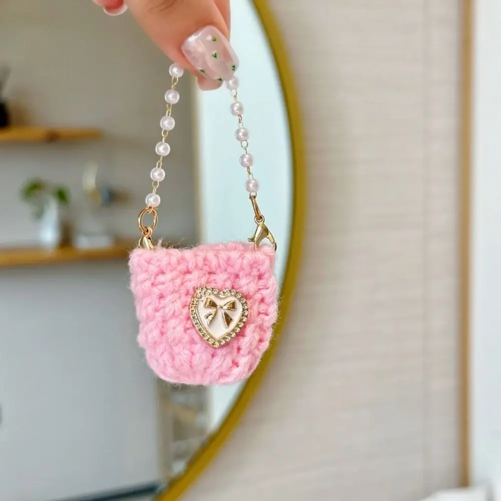 Miniature Pearl Chain Crossbody Bag Crochet Braid Handbag Doll Knitted Shoulder Bag Sweet Woven Mini Crossbody Doll Bag