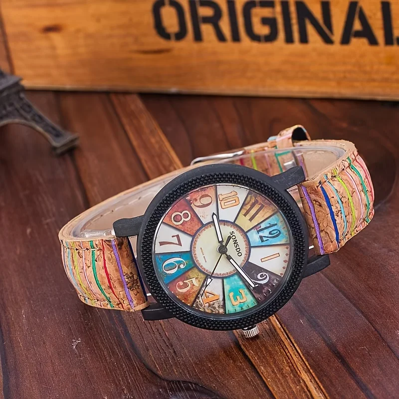 Retro Wood Grain Women\'s Quartz Watch Color Block Fashion Analog PU Leather Wristwatch Relogio Masculino