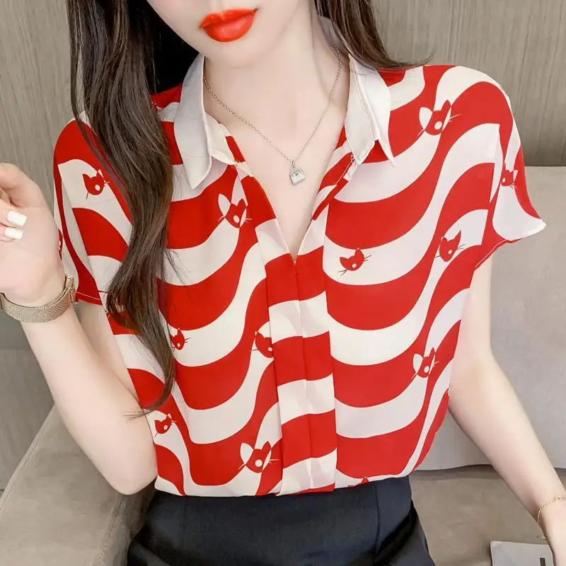 Striped Chiffon Vintage Shirts Women Summer 2022 New Fashion Office Lady Commuter Loose Tops Short Sleeve Elegant Blouse Female