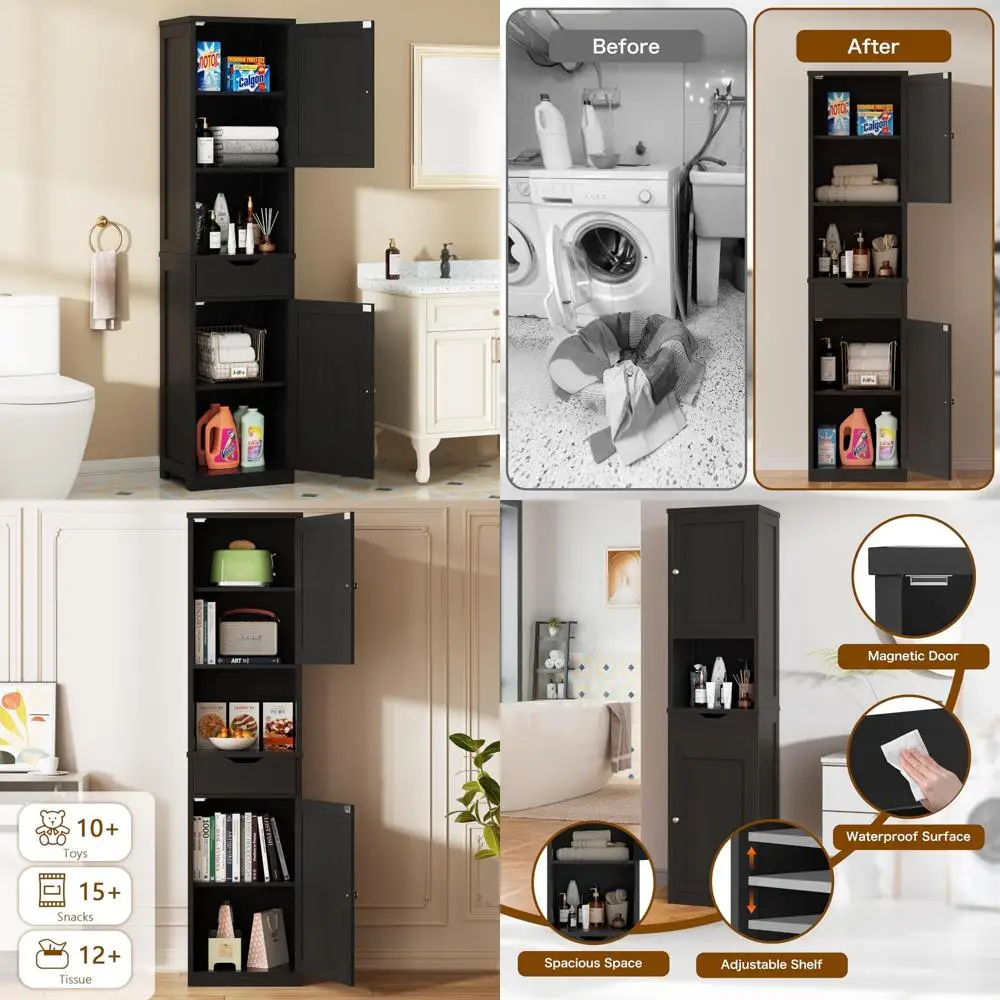 

freestanding tall bathroom storage cabinet with adjustable shelves and 2 doors