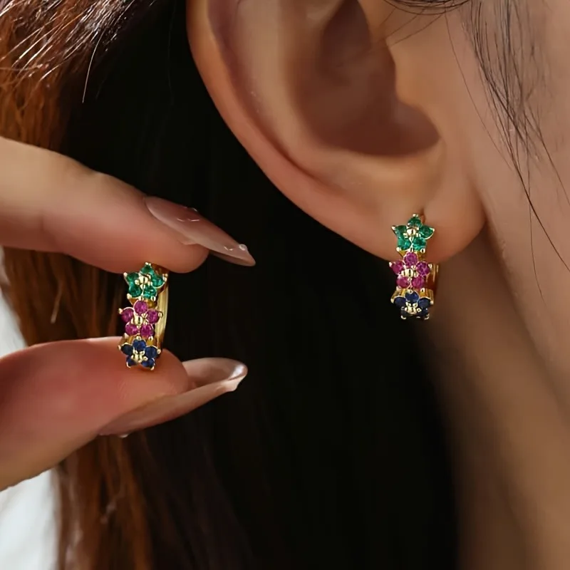 Tri Color Flower Cubic Zirconia Earrings with Multicolored Crystal Flowers Women's Daily Wear Dopamine Jewelry Jewelry Gifts